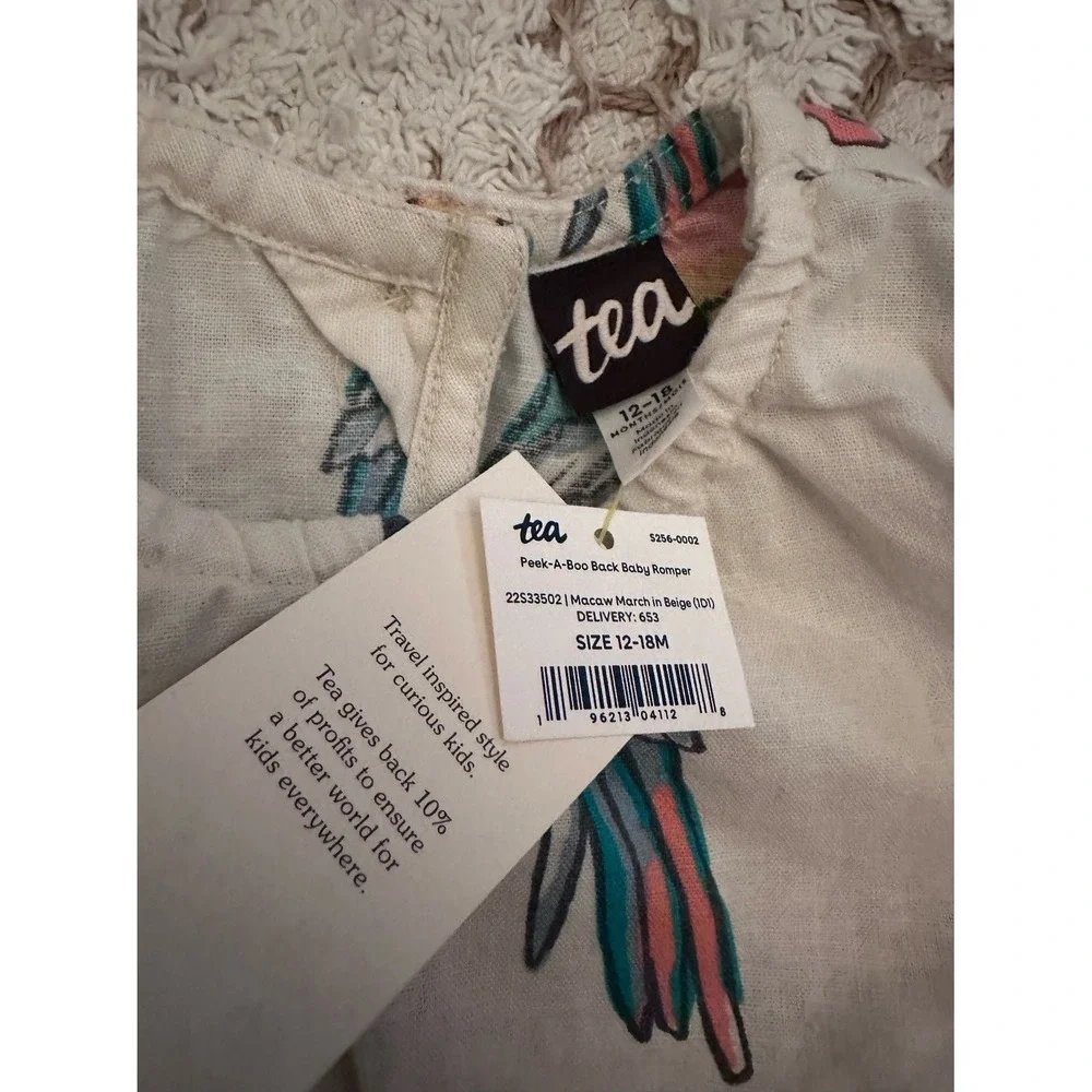 Tea collection parrot romper‎ safari peekaboo back 12-18 macaw march beige